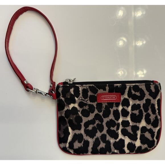 Coach Park Ocelot Small Wristlet Animal Print Leopard Black/Red Missing Charm - Picture 1 of 7